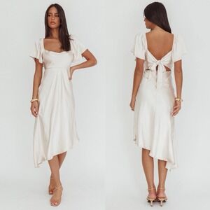 NWT Selfie‎ Leslie Grayson Tied Back Asymmetrical Midi Dress in Champagne Sz M